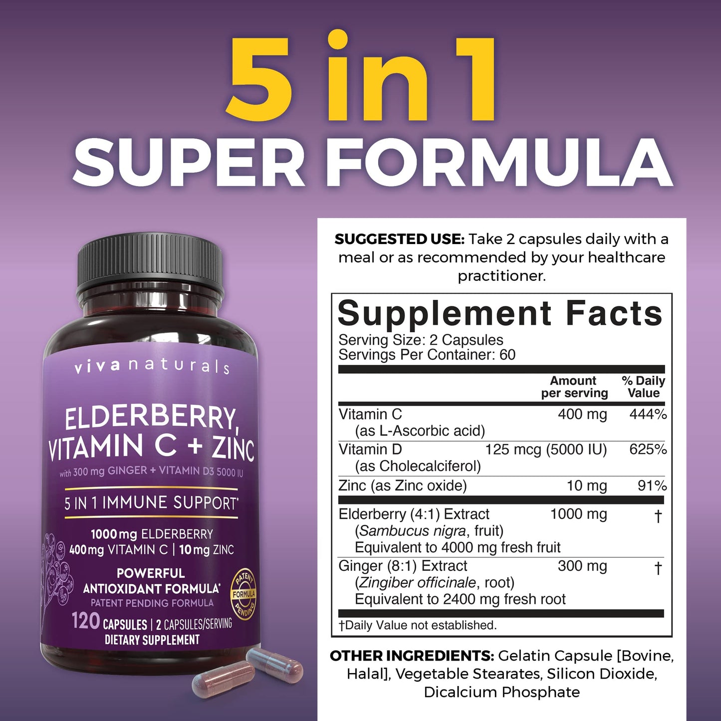 Viva Naturals Elderberry with Vitamin C and Zinc for Adults - 5 in 1 Sambucus Black Elderberry Capsules with Vitamin D3 5000 IU Immunity Supplement