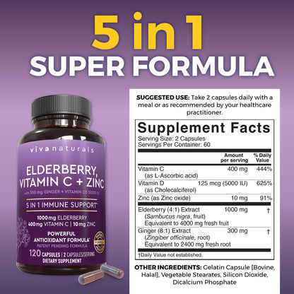 Viva Naturals Elderberry with Vitamin C and Zinc for Adults - 5 in 1 Sambucus Black Elderberry Capsules with Vitamin D3 5000 IU Immunity Supplement