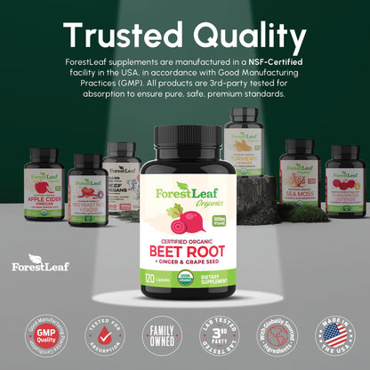 ForestLeaf USDA Organic Beet Root Capsules - Beetroot Supplement 1000mg 20:1 Extract w/Ginger Grape Seed - Support Blood Pressure, Nitric Oxide