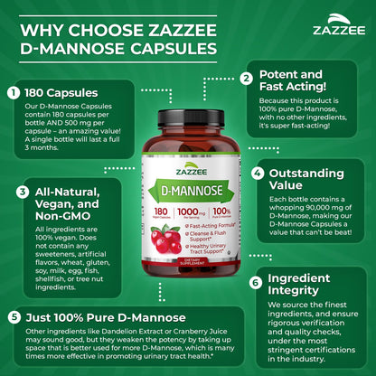 Zazzee D-Mannose, 1000 mg per Serving, 180 Vegan Capsules, 3 Month Supply, Potent & Fast-Acting, Certified Kosher, 100% Pure, All-Natural Urinary Tract Health Support, 100% Vegetarian, Non-GMO ZazzeeBuy Supplements Australia