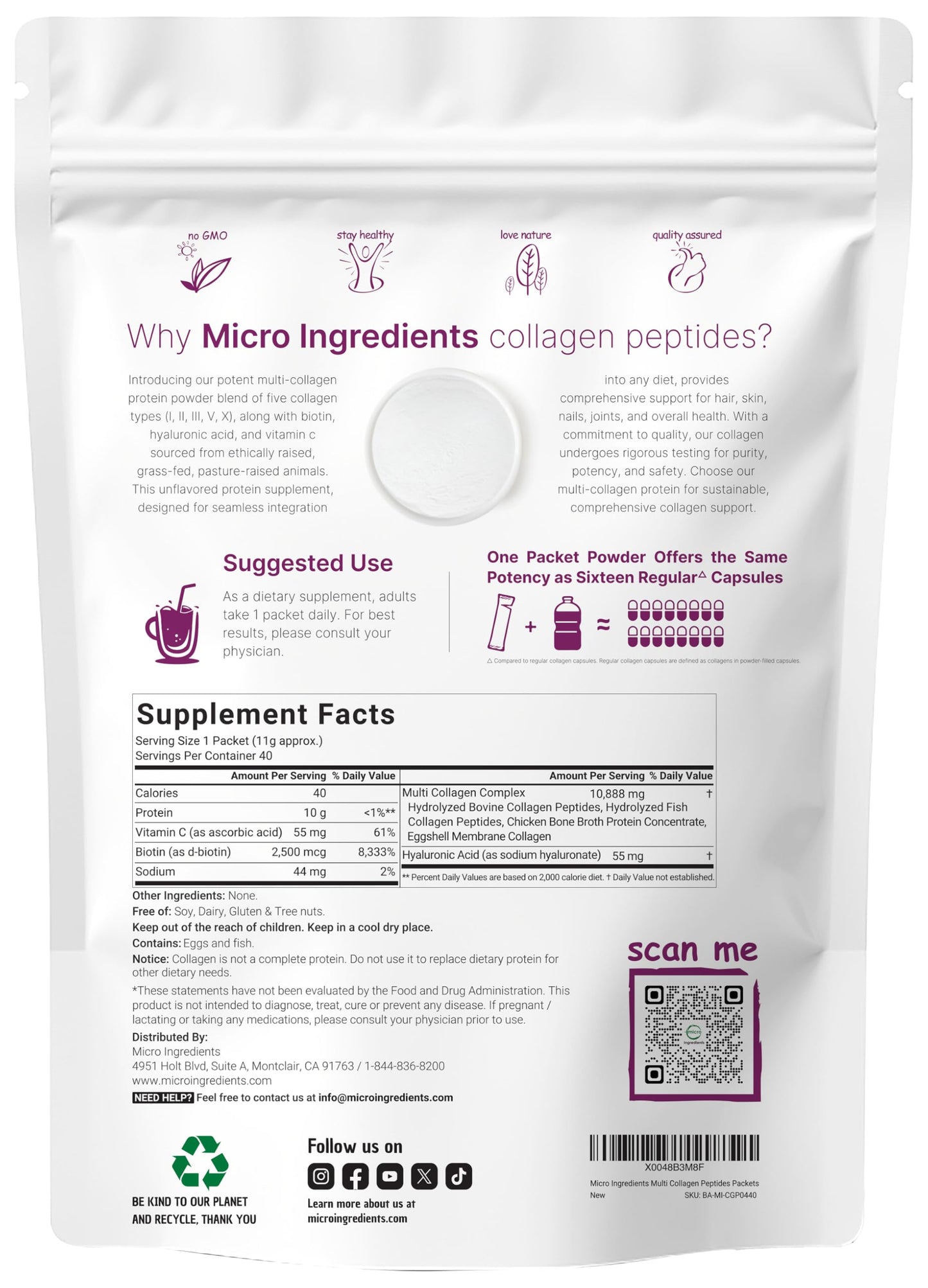 Micro Ingredients Multi Collagen Peptides Powder, 40 Stick Packs | Type I, II, III, V, X + Biotin, Vitamin C & Hyaluronic Acid | Unflavored