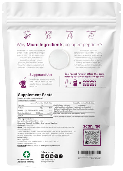 Micro Ingredients Multi Collagen Peptides Powder, 40 Stick Packs | Type I, II, III, V, X + Biotin, Vitamin C & Hyaluronic Acid | Unflavored