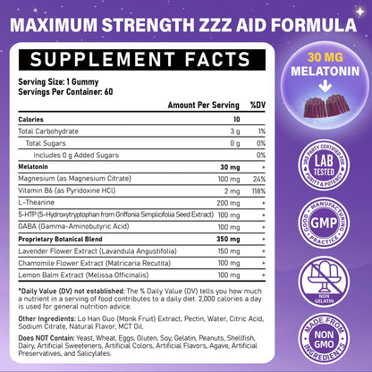 Veyttisy Melatonin 30mg Gummies for Adults - Sugar Free Melatonin Gummies Maximum Strength with Magnesium, B6, GABA & Botanical Blend - Non-Habit Forming,Vegan