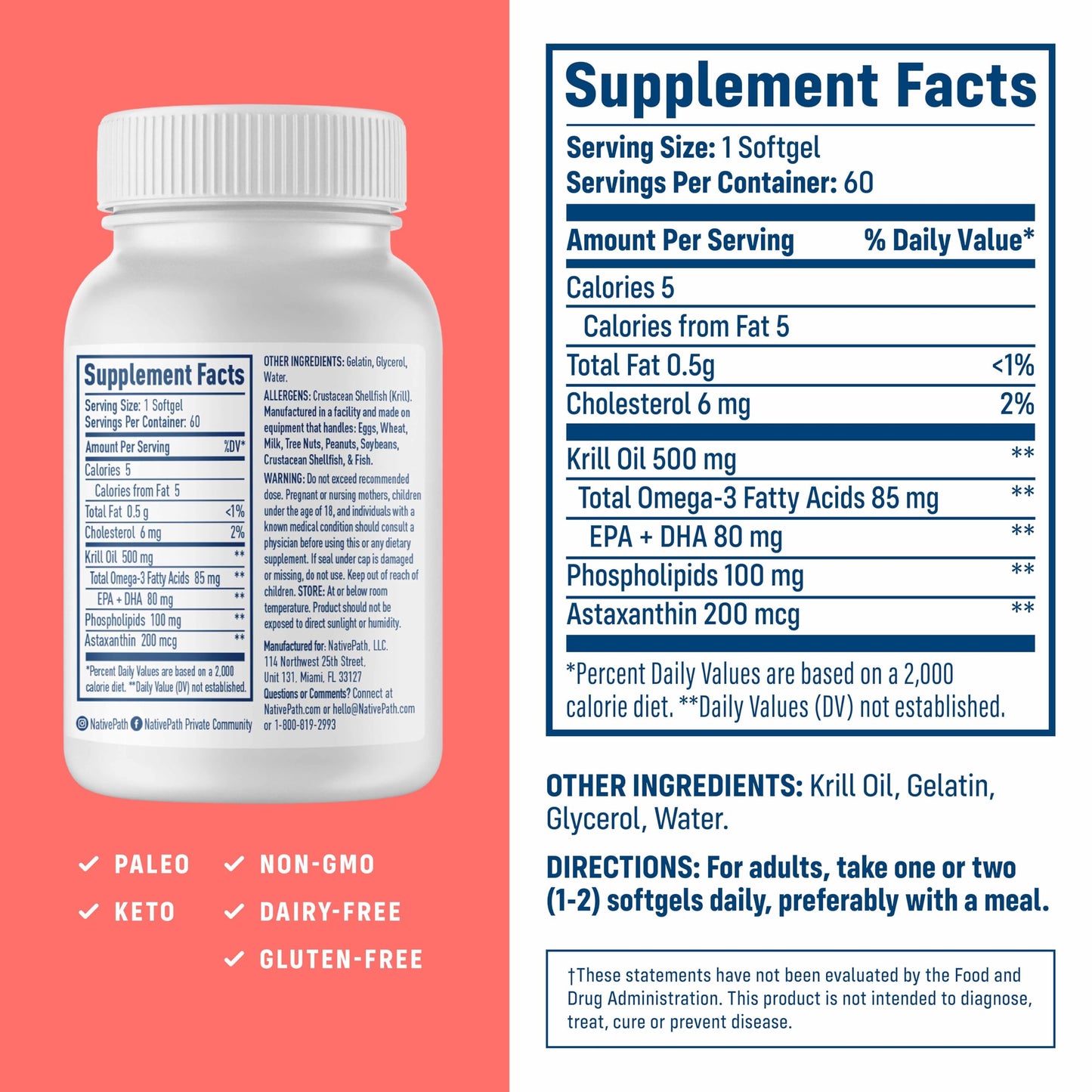 NativePath Antarctic Krill Oil - Wild-Caught Omega 3 Krill Oil 500mg Softgels with EPA, DHA and Astaxanthin - Supplement for Joint, Hear