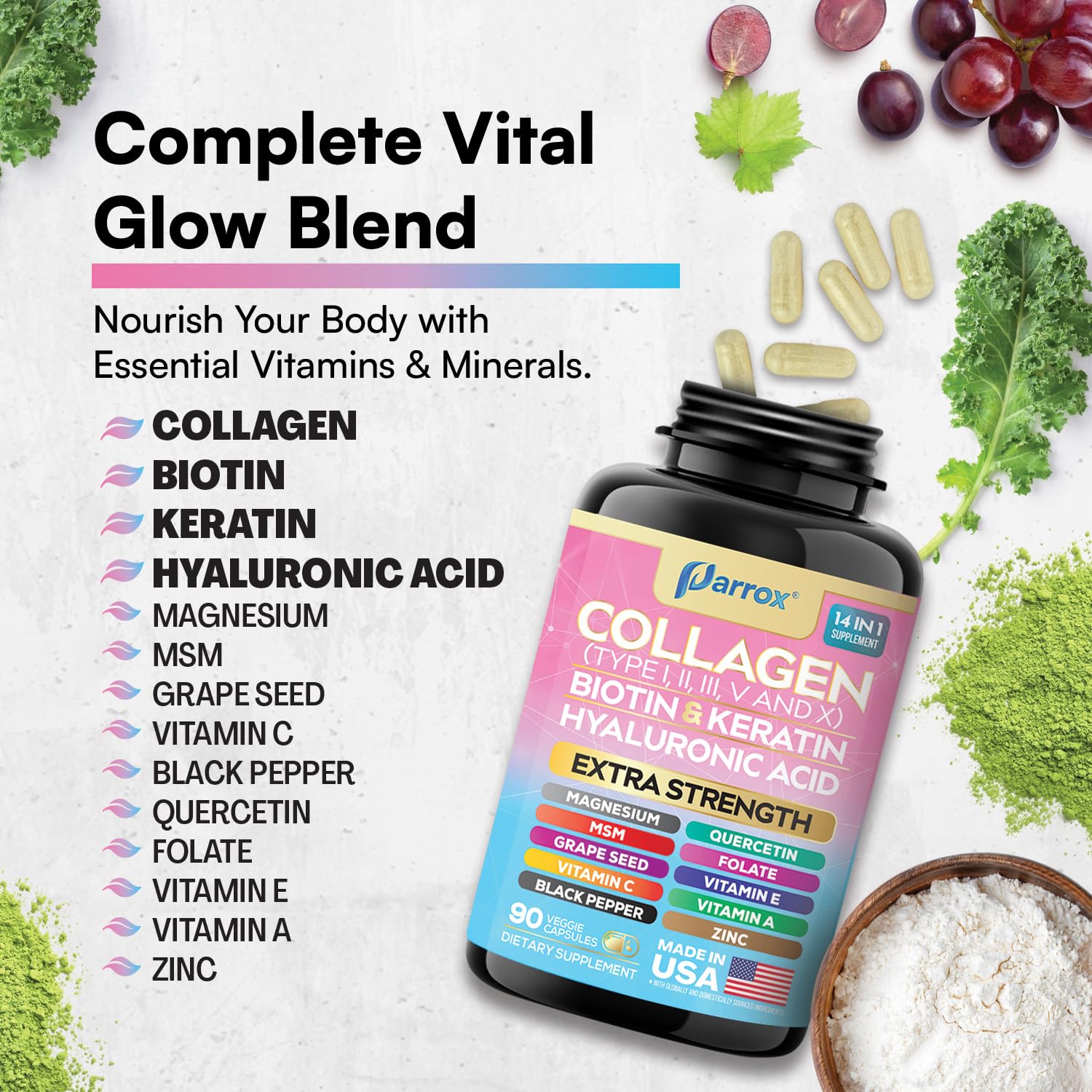 Parrox Collagen Peptides Types I, II, III, V & X, MCG Biotin, Keratin, Hyaluronic Acid, MSM, Zinc, Grape Seed Extract, Quercetin, Vitamin A, Vitamin C, Vitamin E, Magnesium, Folic Acid (90 Capsules) ParroxBuy Supplements Australia