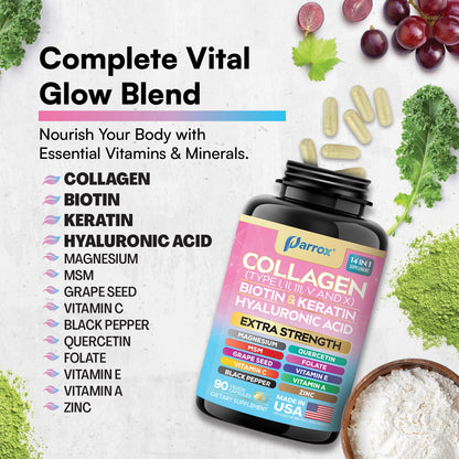 Parrox Collagen Peptides Types I, II, III, V & X, MCG Biotin, Keratin, Hyaluronic Acid, MSM, Zinc, Grape Seed Extract, Quercetin, Vitamin A, Vitamin C, Vitamin E, Magnesium, Folic Acid (90 Capsules) ParroxBuy Supplements Australia