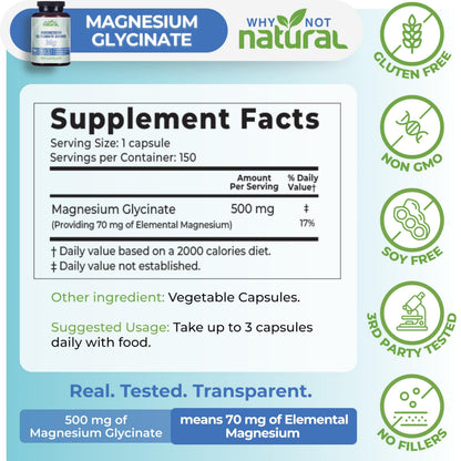 Why Not Natural Magnesium Glycinate 500 mg Capsules Supplement - Vegan, No Filler - Supports Sleep and Relaxation Why Not NaturalBuy Supplements Australia
