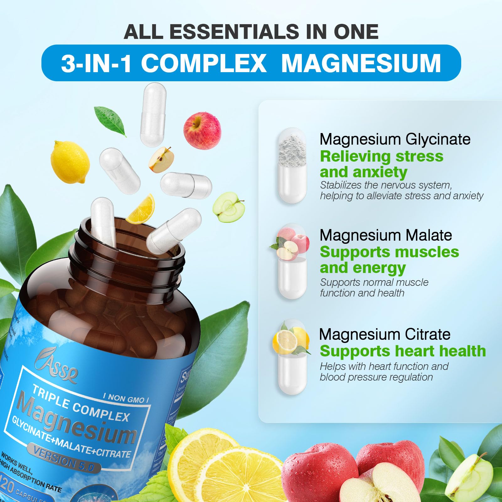 ASSR Triple Magnesium Complex – 300mg Magnesium Supplement with Glycinate, Malate & Citrate – Supports Relaxation, Muscle & Nerve Function – High Absorption, Vegan, Non-GMO, 120 Capsules ASSR buy supplements Au