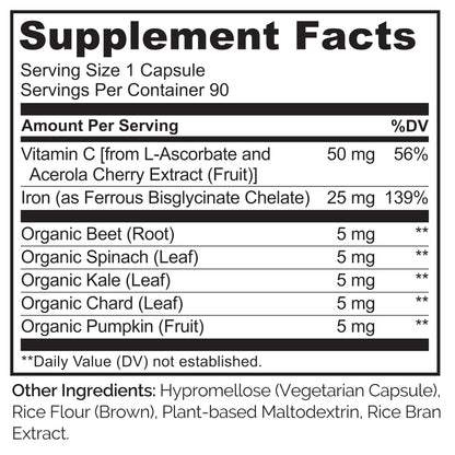 NATURELO Vegan Iron Supplement with Vitamin C and Organic Whole Foods - Gentle Iron Pills for Women & Men with Iron Deficiency Including Pregnancy