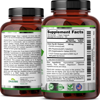 Zazzee Extra Strength Green Tea 20:1 Extract, 50% EGCG, 98% Polyphenols, 80% Catechins, 150 Vegan Capsules, 5 Month Supply, Certified Kosher