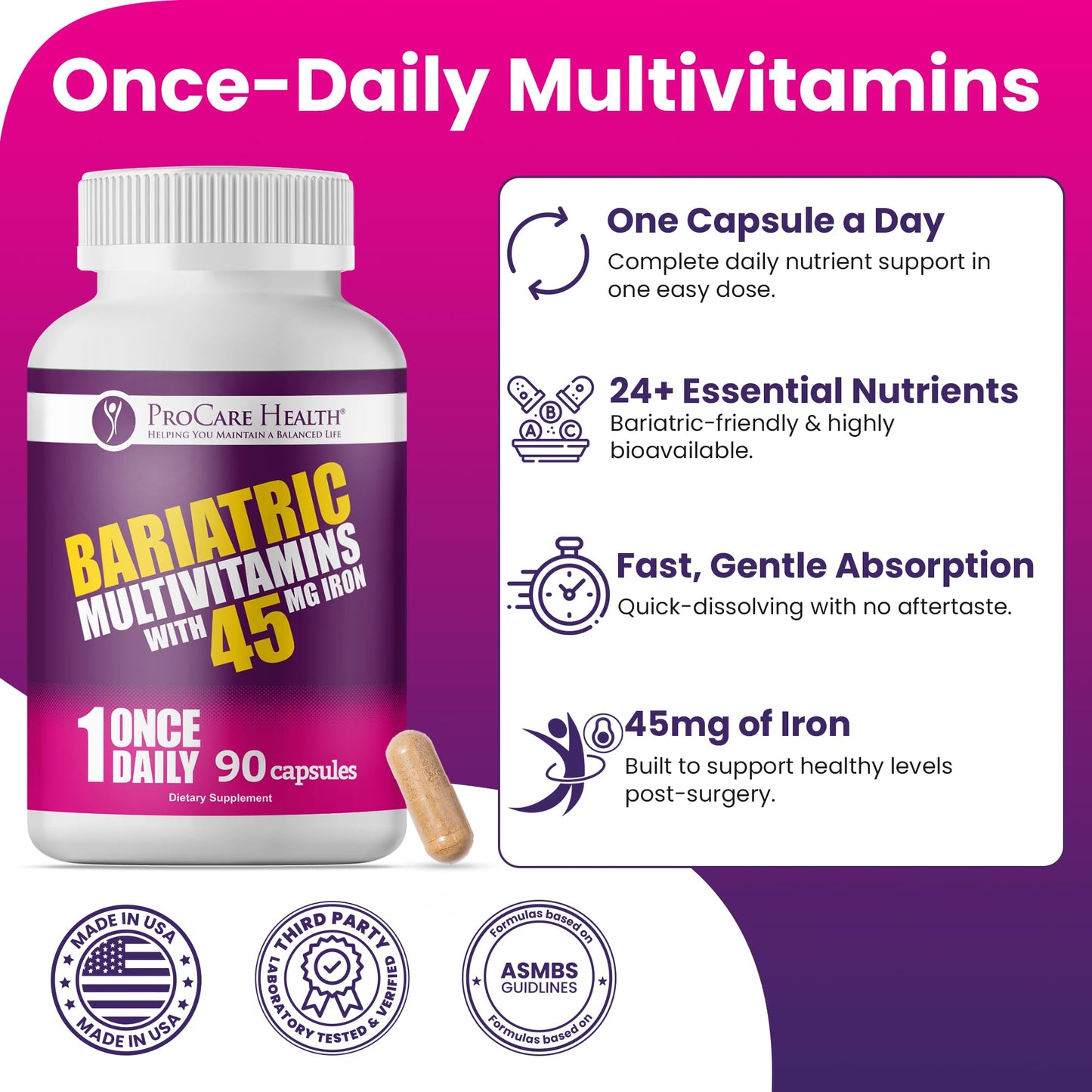 ProCare Health Bariatric Multivitamin 45mg Iron – Once Daily Capsule for Gastric Bypass, Sleeve & Post-Op Support – 90 Easy-to-Swallow Capsules