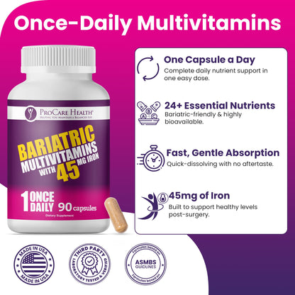 ProCare Health Bariatric Multivitamin 45mg Iron – Once Daily Capsule for Gastric Bypass, Sleeve & Post-Op Support – 90 Easy-to-Swallow Capsules