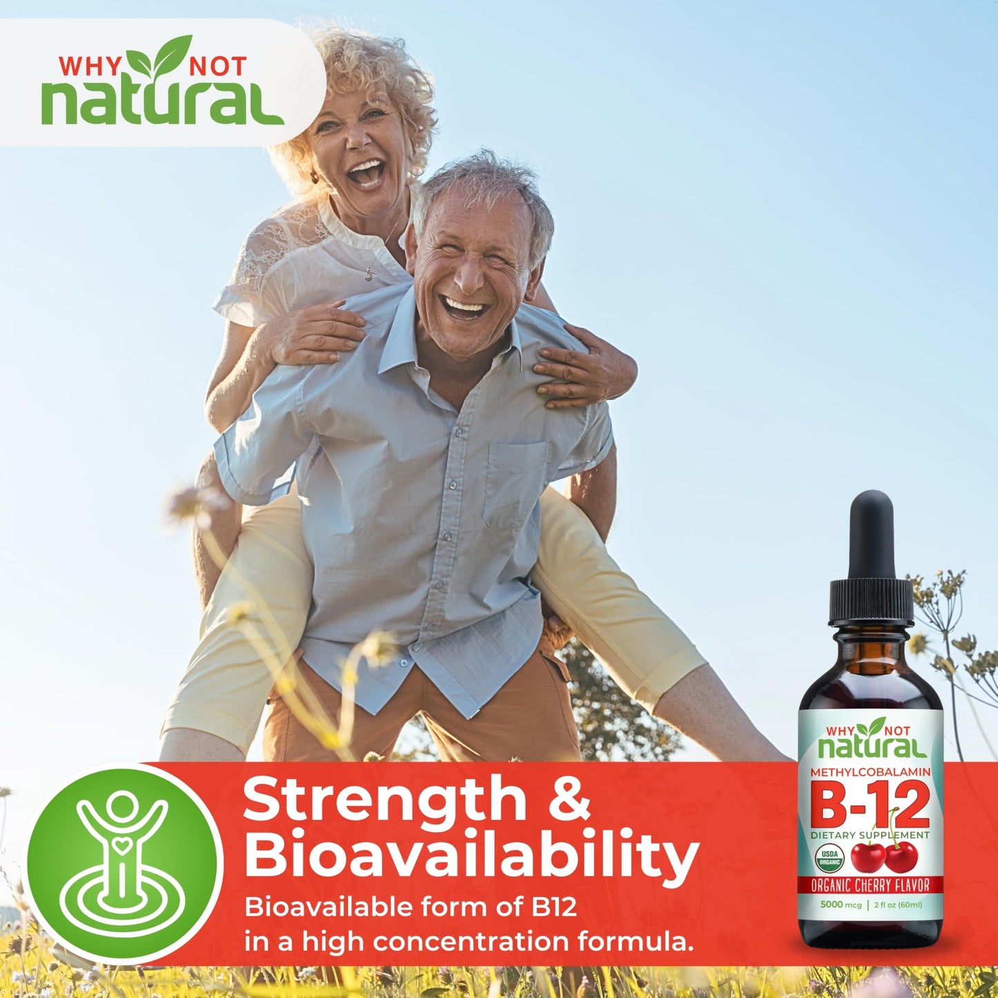 Why Not Natural Organic Vitamin B12 Liquid - Sublingual Extra Strength 60 x 5000 mcg Methylcobalamin Drops, Vegan,