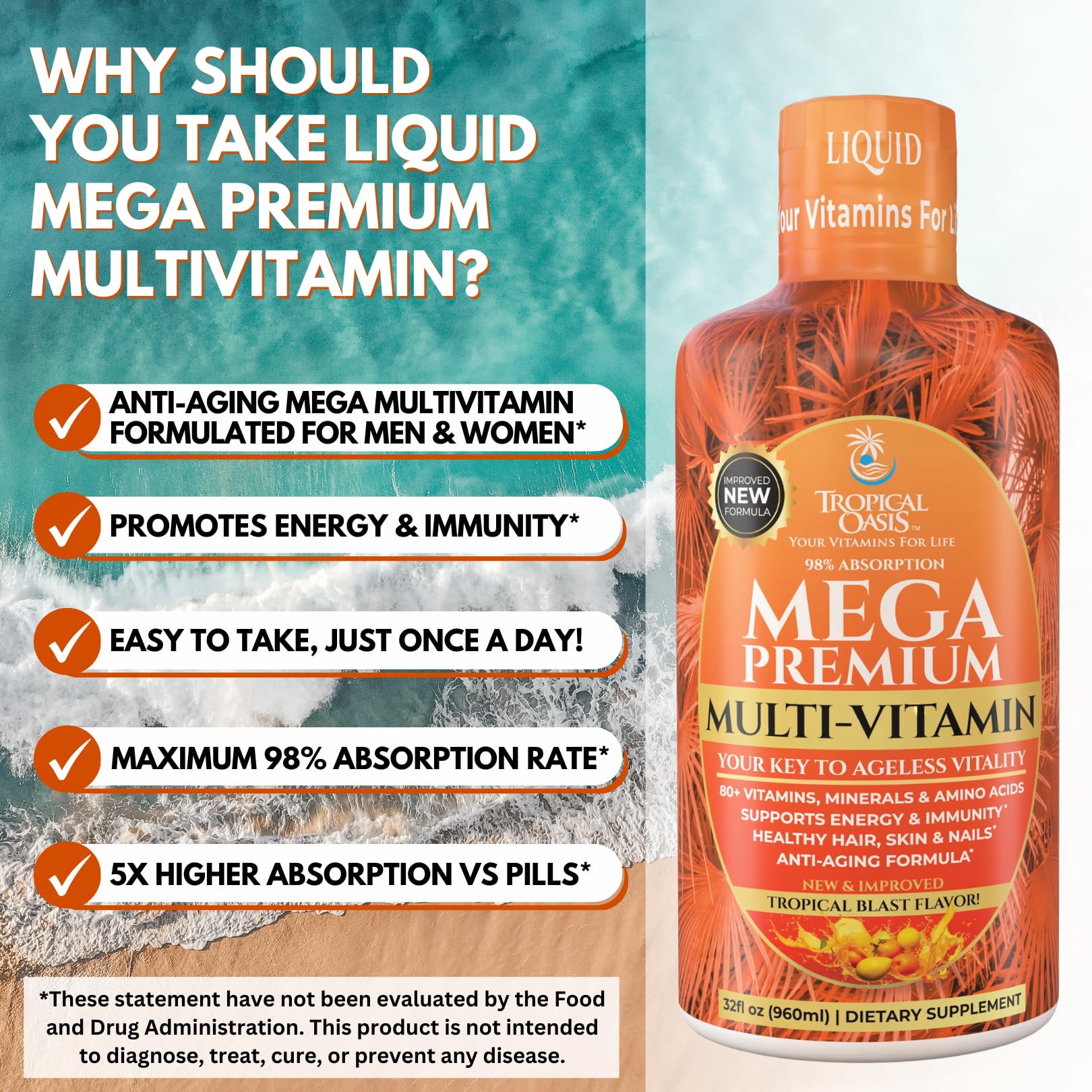 Mega Premium Liquid Multivitamin | Natural Immune Support Vitamin w/ 1333% Vitamin C, 200% D3, Zinc + 20 Vitamins, 70 Minerals, & 21 Amino Acids | Sugar Free | Orange Flavor | 98% Absorption | 32 Serv Tropical Oasis buy supplements Au