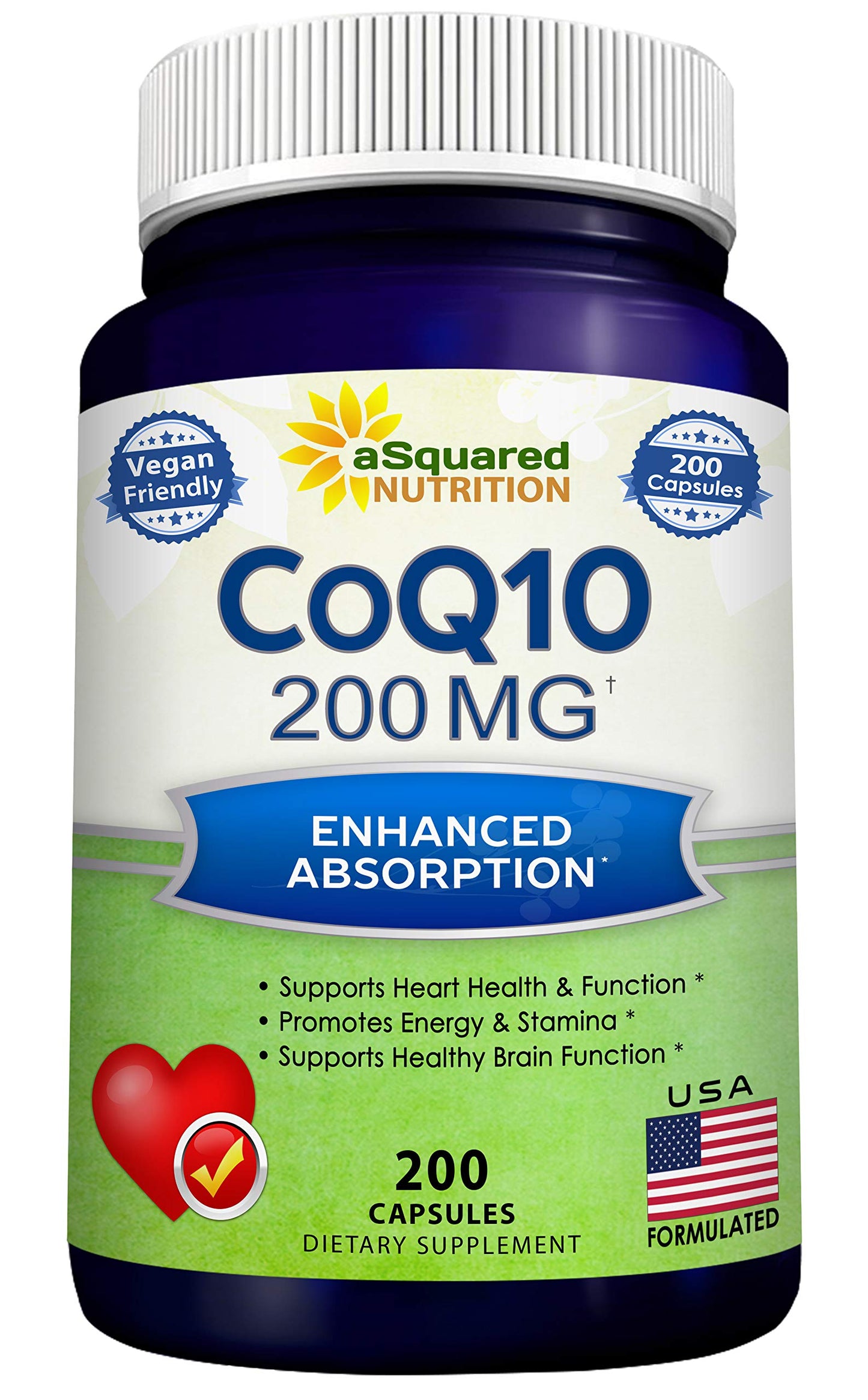 aSquared Nutrition CoQ10 (200 Capsules and 200mg) - High Absorption Vegan CO Q-10 Powder - Enzyme Ubiquinone Supplement Pills, Extra Antioxidant Coenzyme Q10 Vitamin