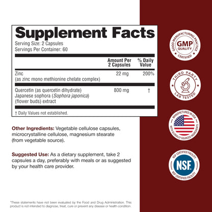 Sandhu's Zinc Quercetin 120 Vegetarian Capsules (Pack of 1) | High Absorption Zink Supplements for Immunity and Seasonal Allergy | Antioxidant Immune Support