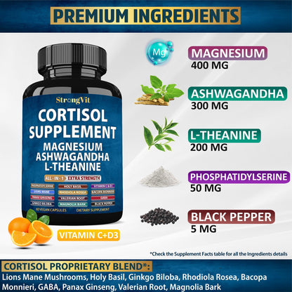 StrongVit Cortisol Supplements for Women and Men with Magnesium, Ashwagandha & L-Theanine. High Cortisol Reducer, Manager, Detox,