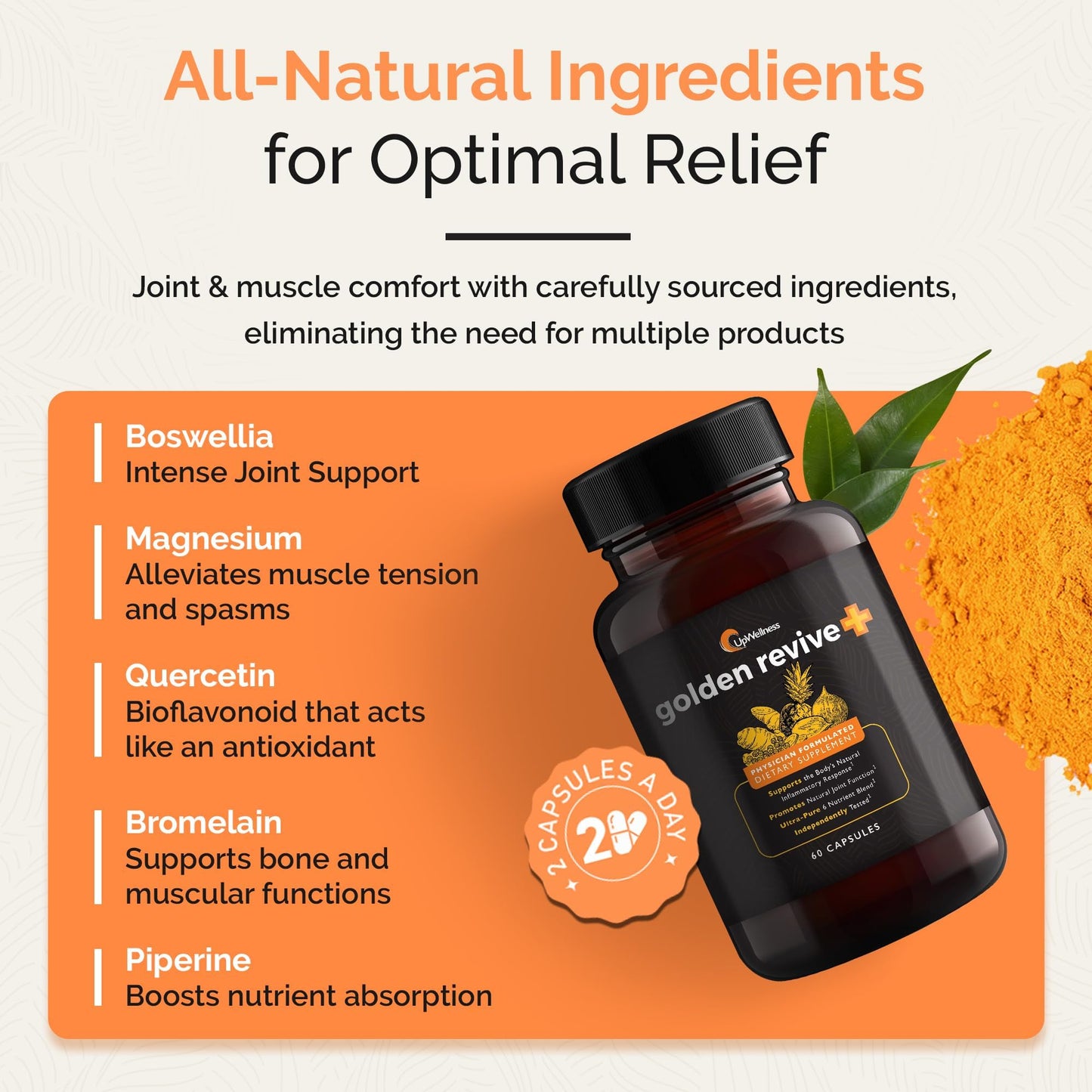 UpWellness Golden Revive + Joint Support Supplement Featuring Turmeric with Black Pepper, Quercetin, and Magnesium- Turmeric Boswellia Supplement - 6 Active Ingredients for Joint Care - 60 Capsules UpWellnessBuy Supplements Australia