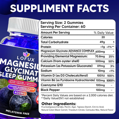Lofux Magnesium Glycinate Gummies 400mg, Sugar Free Magnesium Gummies for Adults Women, Men, Chewable Supplement Gummy with L-Threonate, Vitamin D, B6, CoQ10
