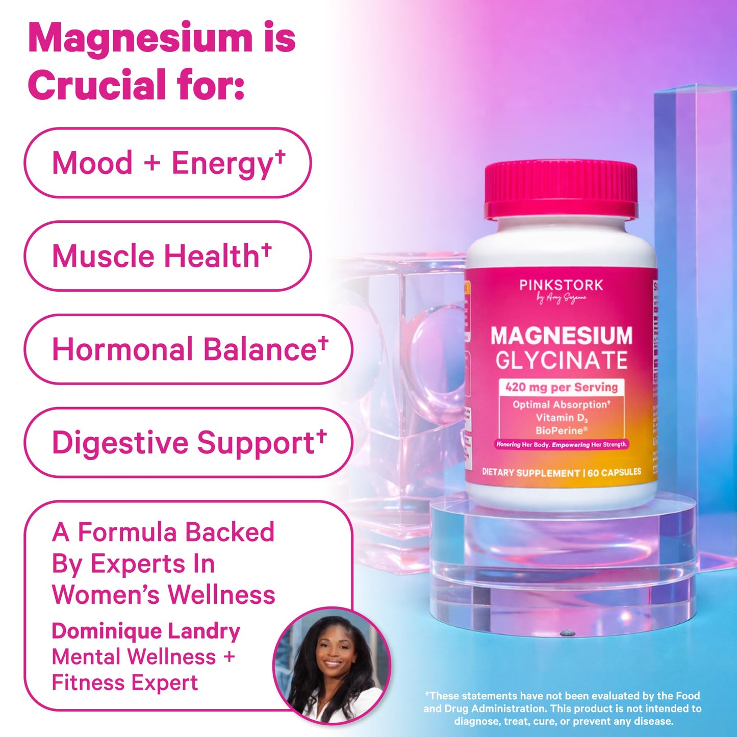 Pink Stork Magnesium Glycinate with Vitamin D - Magnesium Supplement for Women to Support Natural Calm, Mood, and Sleep - Hormone Balance for Women