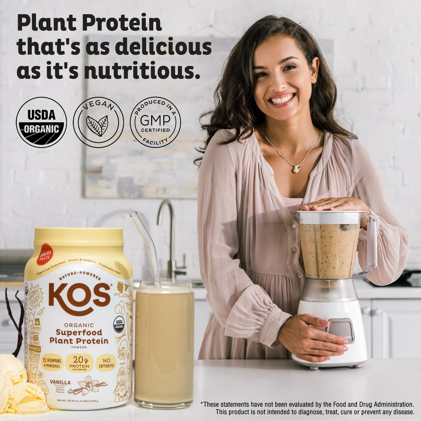 KOS Vegan Protein Powder Erythritol Free, Vanilla USDA Organic - Pea Protein Blend, Plant Based Superfood Rich in Vitamins & Minerals - Keto, Dairy Free - Meal Replacement for Women & Men, 28 Servings KOS buy supplements Au