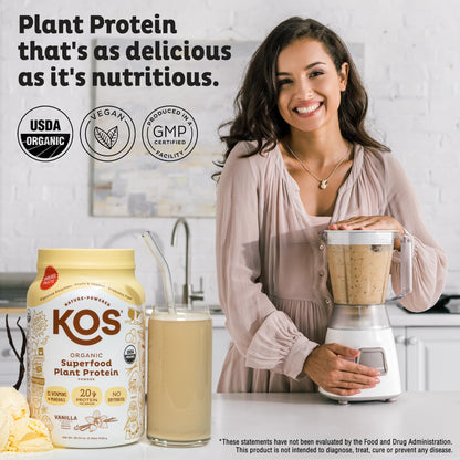 KOS Vegan Protein Powder Erythritol Free, Vanilla USDA Organic - Pea Protein Blend, Plant Based Superfood Rich in Vitamins & Minerals - Keto, Dairy Free - Meal Replacement for Women & Men, 28 Servings KOS buy supplements Au