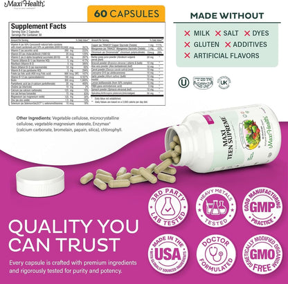 Teen Vitamins for Girls 12-17 - Teen Multivitamin Supreme with D3, Iron, Calcium, Biotin, Digestive Enzymes – Teenager Girl Multi Vitamins for Energy,