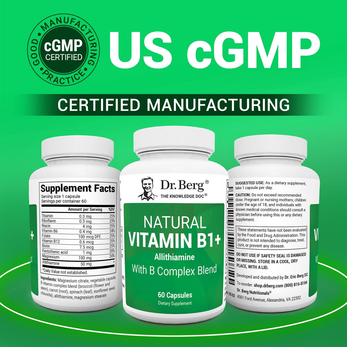 Dr. Berg Natural Vitamin B1 B6 B12 Complex - Allithiamine Vitamin B1 Supplement with 8 Essential Vitamin B Complex for Men & Women Including Thiamin