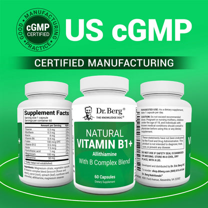 Dr. Berg Natural Vitamin B1 B6 B12 Complex - Allithiamine Vitamin B1 Supplement with 8 Essential Vitamin B Complex for Men & Women Including Thiamin