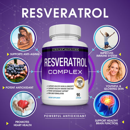Resveratrol Supplement 1800 mg Antioxidant Complex - Highly Potent Natural Trans-Resveratrol Pills for Healthy Aging, Overall Health Support, Immune System