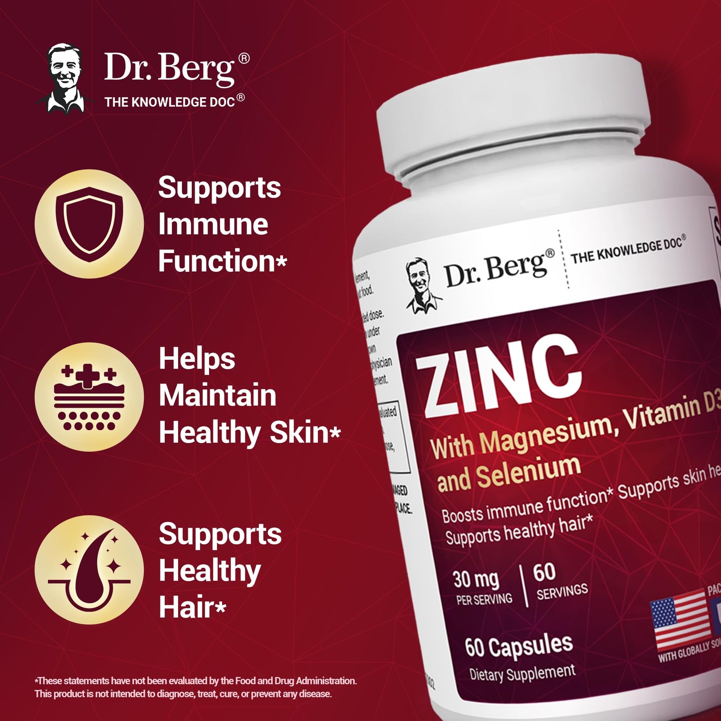 Dr. Berg Zinc 30mg Enhanced with Magnesium, Vitamin D3, Selenium, & Copper - Zinc Supplements for Men & Women - Chelated Zinc for Immune, Skin, Hair, & Nails Support* - 60 Capsules Dr. Berg NutritionalsBuy Supplements Australia