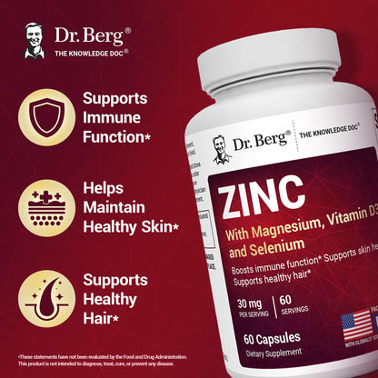 Dr. Berg Zinc 30mg Enhanced with Magnesium, Vitamin D3, Selenium, & Copper - Zinc Supplements for Men & Women - Chelated Zinc for Immune, Skin, Hair, & Nails Support* - 60 Capsules Dr. Berg NutritionalsBuy Supplements Australia