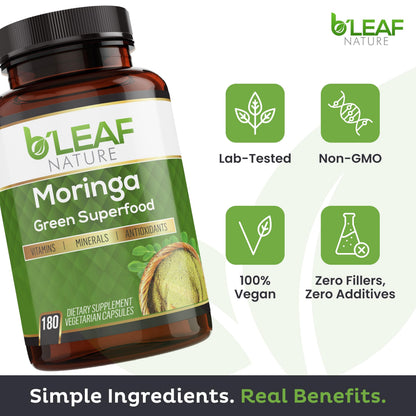 B'Leaf Nature Moringa Capsules Organic 1000mg — Pure Moringa Oleifera Leaf Powder Capsules for Energy & Immune Support