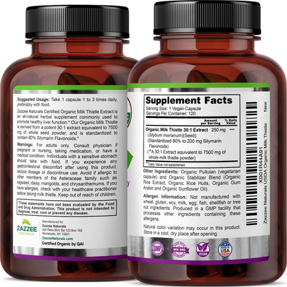 Zazzee USDA Organic Milk Thistle 30:1 Extract, 80% Silymarin, 120 Vegan Capsules, 4 Month Supply, Certified Kosher, High Potency Liver & Antioxidant Support