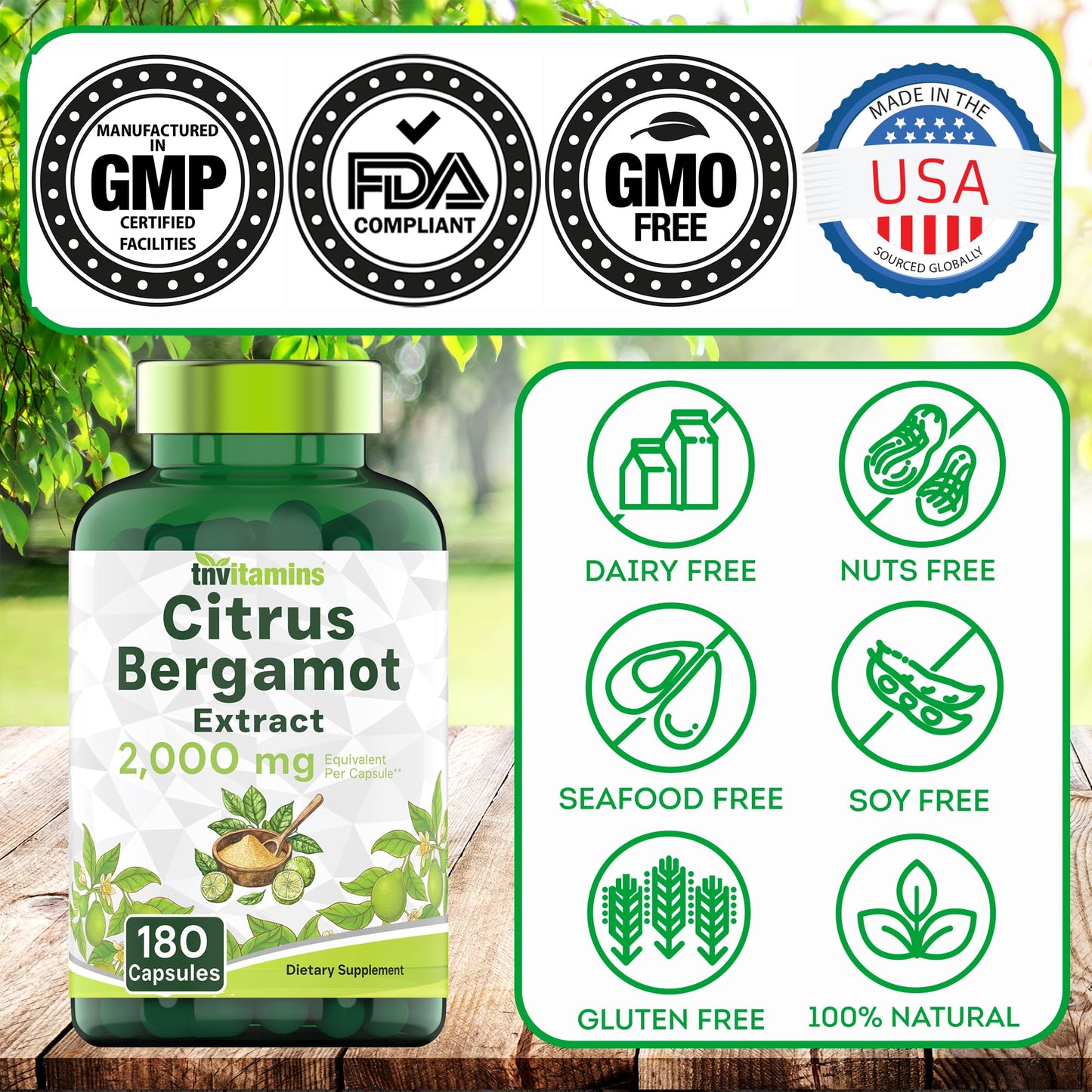 tnvitamins Citrus Bergamot 2000mg - 180 Capsules | Ultra Potent Citrus Bergamot Supplement 2000 mg Per 1 Capsule Serving