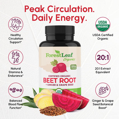 ForestLeaf USDA Organic Beet Root Capsules - Beetroot Supplement 1000mg 20:1 Extract w/Ginger Grape Seed - Support Blood Pressure, Nitric Oxide