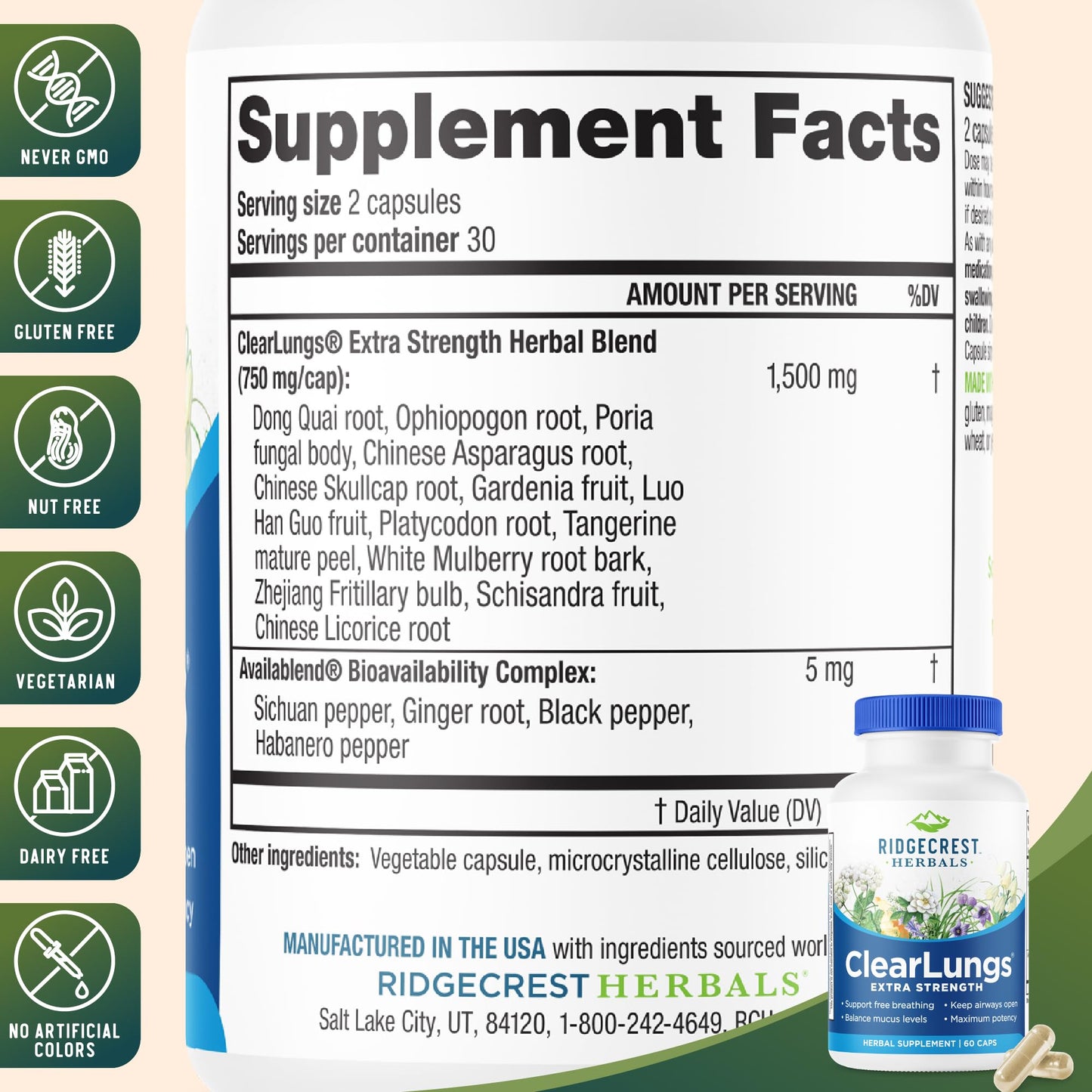 RidgeCrest Herbals ClearLungs Extra Strength, Daily Health Supplement, Natural Lung and Nasal Wellness Formula