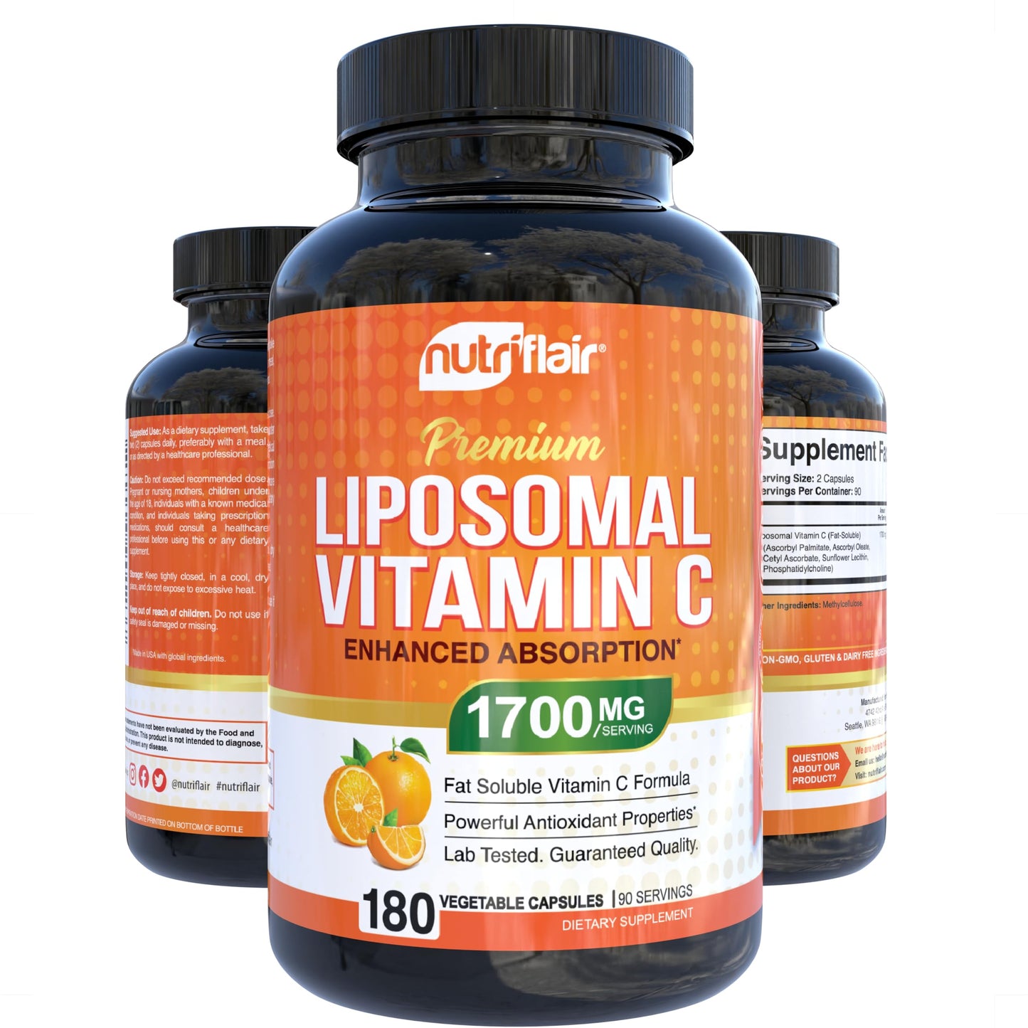 NutriFlair Liposomal Vitamin C 1700mg, 180 Capsules - High Absorption, Fat Soluble VIT C, Higher Bioavailability Immune System Support