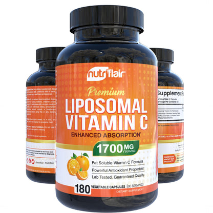 NutriFlair Liposomal Vitamin C 1700mg, 180 Capsules - High Absorption, Fat Soluble VIT C, Higher Bioavailability Immune System Support