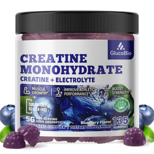GlucoBio Creatine Monohydrate Gummies (5g) – Pre-Workout Energy & Muscle Growth Support for Men & Women