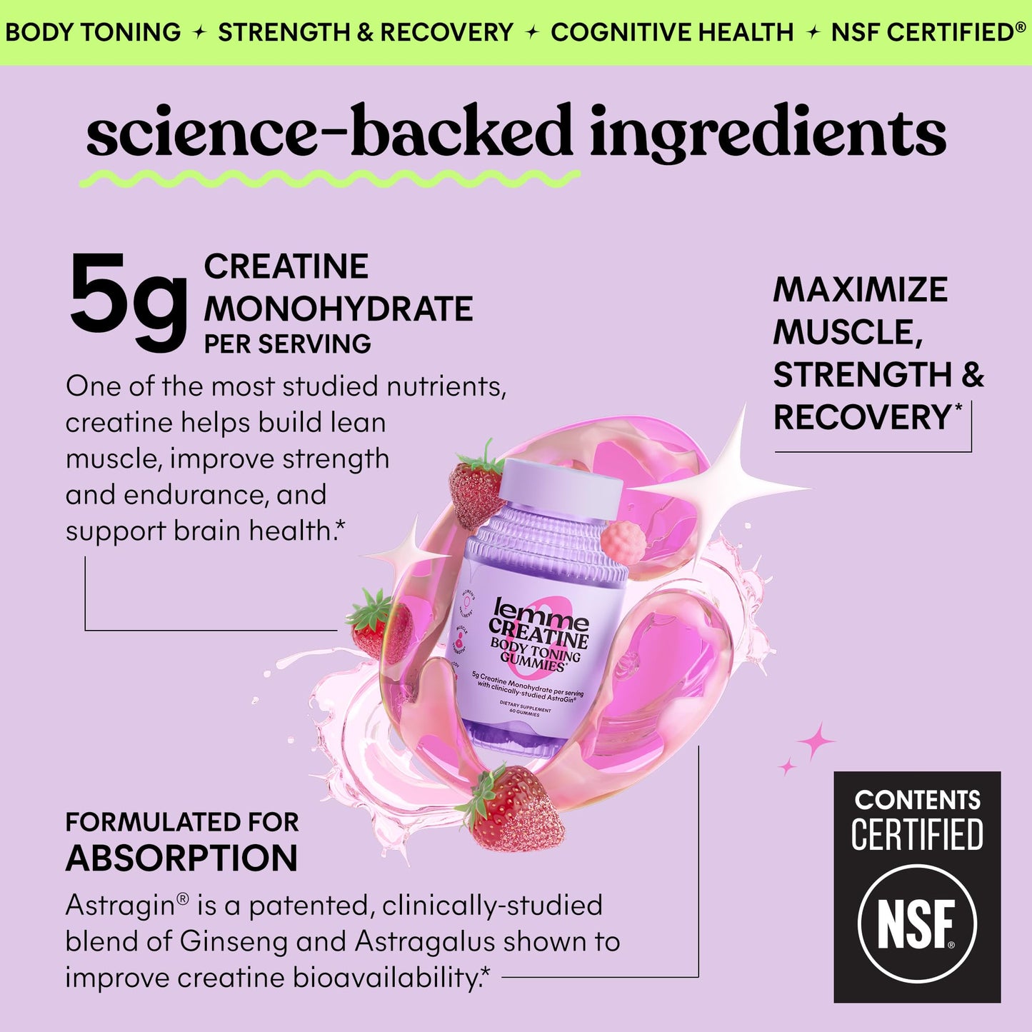 Lemme Creatine Monohydrate Gummies for Women and Men, 5g Dose to Support Lean Muscle, Strength, Recovery, Cognitive Health, w/Ginseng for Absorption