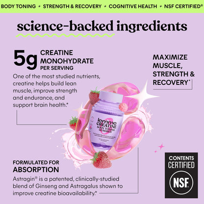 Lemme Creatine Monohydrate Gummies for Women and Men, 5g Dose to Support Lean Muscle, Strength, Recovery, Cognitive Health, w/Ginseng for Absorption