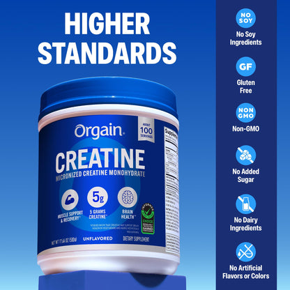 Orgain Creatine Monohydrate Micronized Powder, 100 Servings, Unflavored, Supports Muscle Growth, Post Workout Recovery and Brain Health, No Artificial Additives