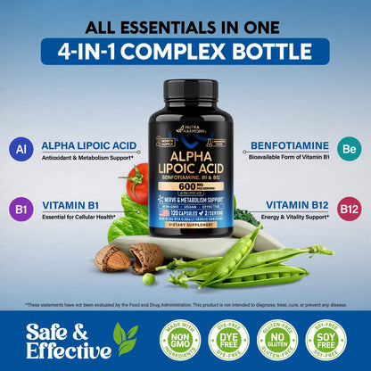 Alpha Lipoic Acid 600mg - ALA Supplement Antioxidant for Nerve, Energy & Metabolism Support - Extra Strength with Benfotiamine, B1 & B12 - Lab Tested, NON-GMO & Vegan