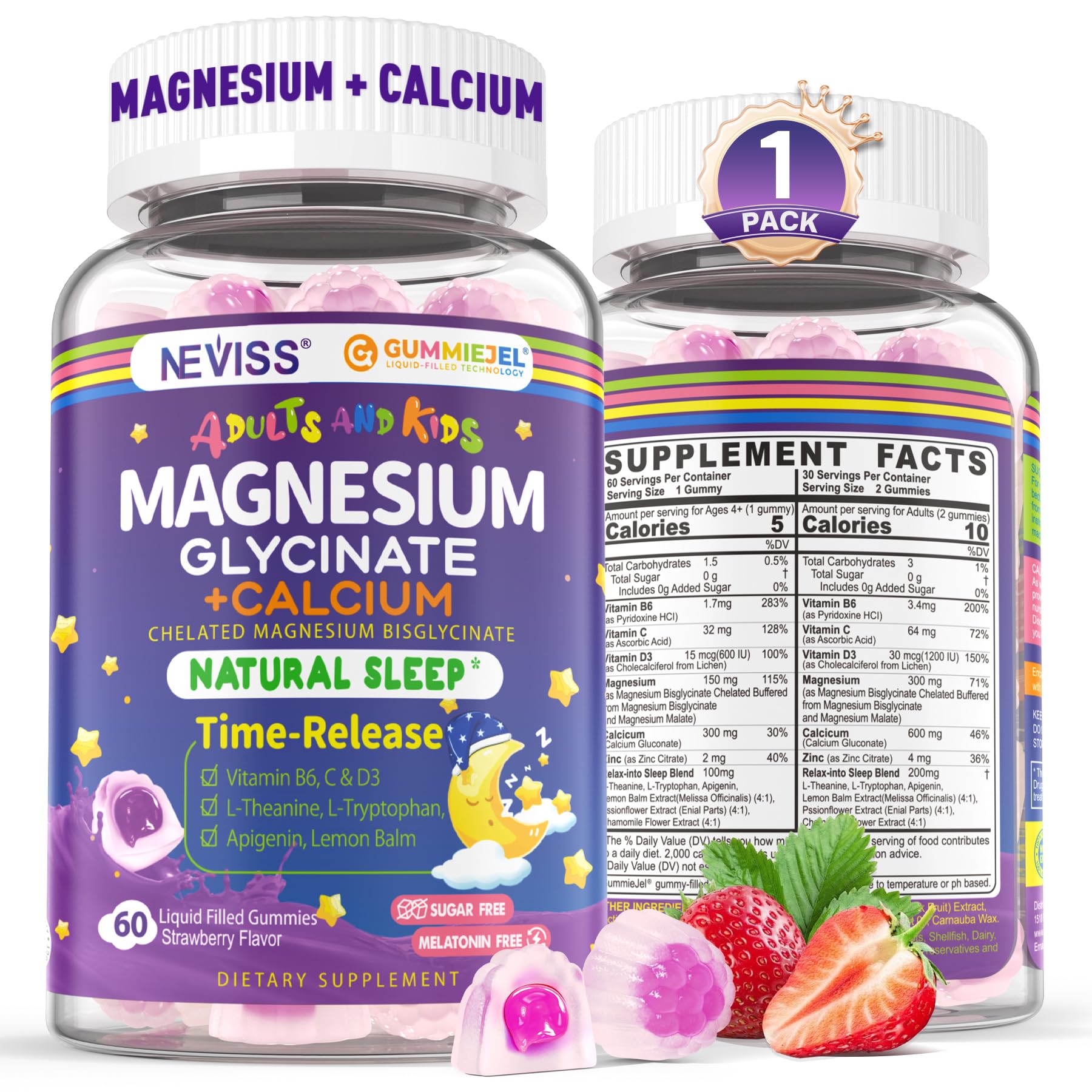 Neviss Magnesium Glycinate + Calcium Filled Gummies for Adults and Kids 4+, Kids Sleep Gummies Melatonin Free, Sugar Free Magnesium Supplement with B6 D3, L-Theanine for Zzz & Relax, Brain,Bone,Muscle NEVISSBuy Supplements Australia