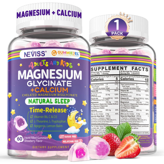 Neviss Magnesium Glycinate + Calcium Filled Gummies for Adults and Kids 4+, Kids Sleep Gummies Melatonin Free, Sugar Free Magnesium Supplement with B6 D3, L-Theanine for Zzz & Relax, Brain,Bone,Muscle NEVISSBuy Supplements Australia