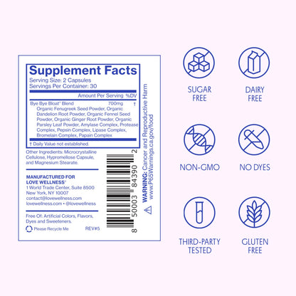 Love Wellness Bye Bye Bloat | Digestive Enzymes for Fast Acting Bloating Relief for Women | Helps Reduce Water Retention & Gas Relief | Supports Digestive Health