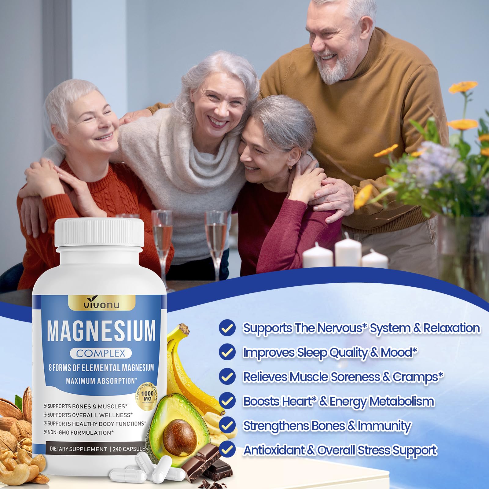 1000mg Magnesium Complex Capsules, 8-in-1 Magnesium Glycinate, Citrate, Malate, Taurate, Oxide, Carbonate, Aspartate, Orotate - 240 Capsules VivoNu buy supplements Au