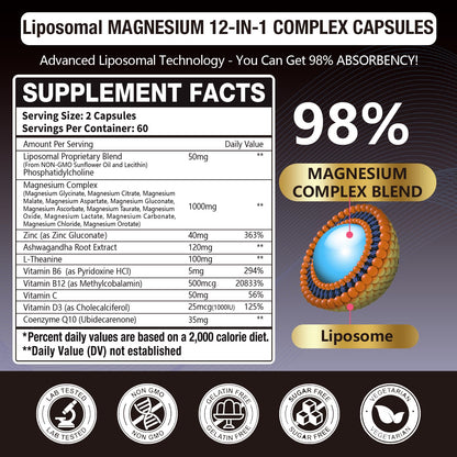 21 in 1 Liposomal 1400mg Magnesium Complex (Citrate, Glycinate, Malate etc) Capsule - 12 Active Types Magnesium with Vitamin D3, B6, B12, C, Ashwagandha & CoQ10 for Women & Men - Support Bone & Muscle Gulapelst buy supplements Au