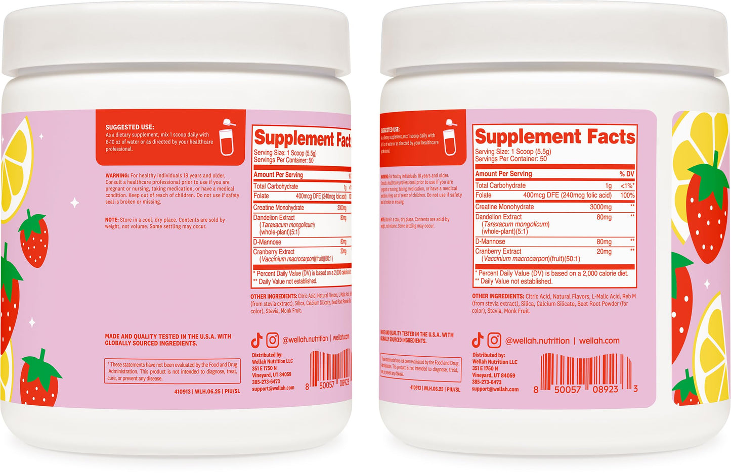 Wellah Creatine for Women - Creatine Monohydrate with Dandelion & Cranberry Extract (50 Servings, Strawberry Lemonade)